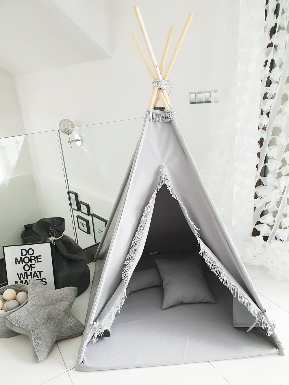 Fringe Teepee Tent Mat Cushions Grey Soft Play Kingdom